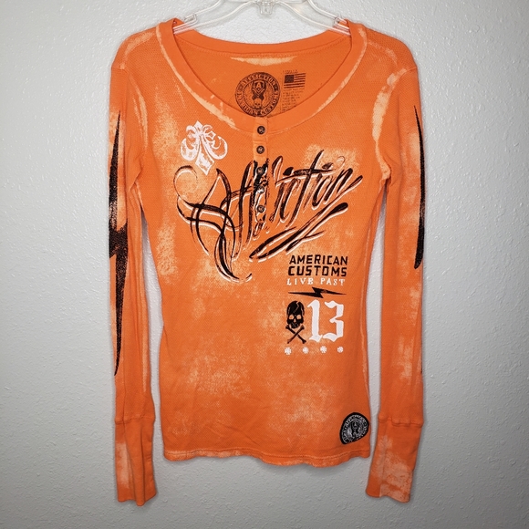 Affliction Tops - Affliction S orange thermal long sleeve tee